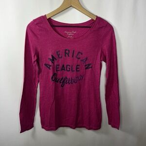 Vtg American Eagle‎ Shirt Women Sz Medium Pink Graphic Print Long Sleeve Top Y2K